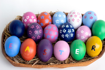 Fototapeta na wymiar easter eggs in basket on white bacground
