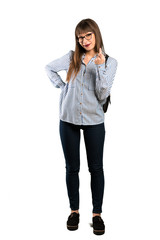 Full-length shot of Woman with glasses inviting to come with hand. Happy that you came