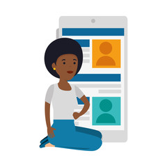 young black woman in lotus position with smartphone