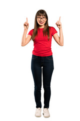 Full-length shot of Woman with glasses pointing with the index finger a great idea