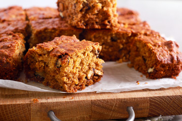 Nut cake squares on board