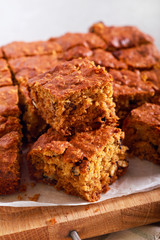 Nut cake squares on board