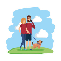 young couple with smartphone and dog