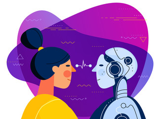 The female human and female robot with artificial intelligence looking at each other. Trendy bright linear illustration