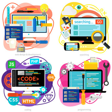 Programming and coding, scripting and website development, analytics and SEO concepts. Horizontal banners