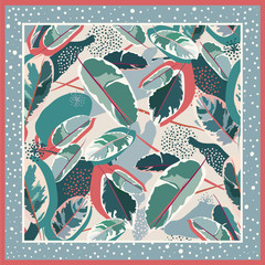 Design scarf in modern style. Tropical leaves on a light background. Hand-drawn vector illustration