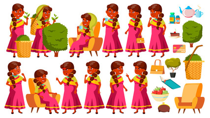 Indian Old Woman Poses Set Vector. Elderly People. Senior Person. Aged. Funny Pensioner. Leisure. Postcard, Announcement, Cover Design. Isolated Cartoon Illustration