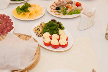 Festive Easter meal. A table with snacks and food.