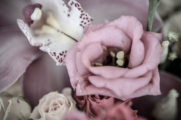 Pink eustoma in the beautiful tender bouquet in vintage style