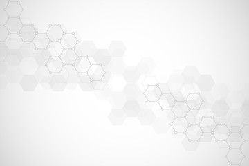 Abstract background of science and innovation technology. Technical background with hexagons pattern and molecular structures.