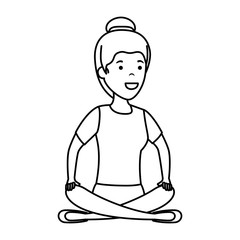 young woman in lotus position with store building