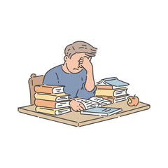 Stressed student sitting at table with pile of books and studying in hand drawn style.