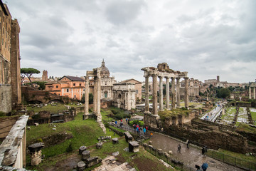 Fototapeta na wymiar Rome, Italy - November, 2018: Roman Forum in Rome, Italy, It is one of the main tourist attractions of Rome. Ancient architecture and cityscape of historical Rome.