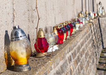 Candles, lanterns at the Solidarity Square, Wall of memory of the fallen shipyard worker in Gdansk, Poland