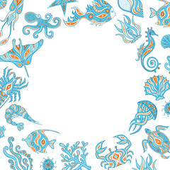 Frame on the marine theme with hand-drawn sea creatures. Vector border.