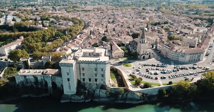 TARASCON, FRANCE - OCTOBER 13, 2018:  View from drone of castle of Tarascon and river Rhone, France  