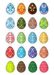 Twenty colorful Easter eggs, five unique patterns.Isolated on a white background.
