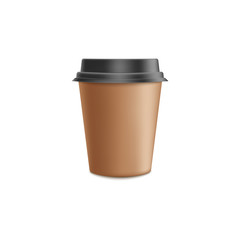 Brown craft paper coffee cup mockup in 3d realistic vector illustration - blank mug with black plastic lid.