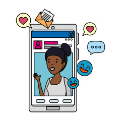 black woman with smartphone and social media icons
