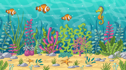 Naklejka na ściany i meble Cartoon underwater landscape. Seamless illustration with separate layers.