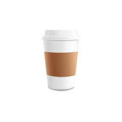White paper or plastic takeaway coffee cup with brown sleeve mockup.