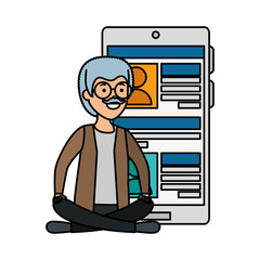 old man in lotus position with smartphone