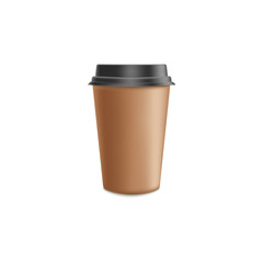 Brown craft paper coffee to go mockup in 3d realistic vector illustration.