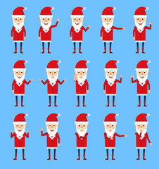 Set of Santa Claus characters showing different hand gestures. Cheerful Santa pointing, greeting, showing thumb up and other gestures. Flat style vector illustration