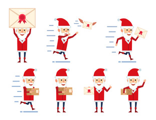 Set of Santa Claus characters posing with letter and parcel in different situations. Funny Santa holding letter, parcel box, running and showing other actions. Flat style vector illustration