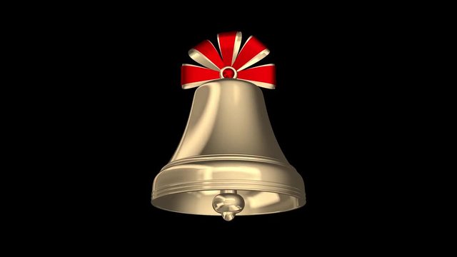 Golden Christmas bell with red ribbons. Seamless looping. Luma matte, 3D