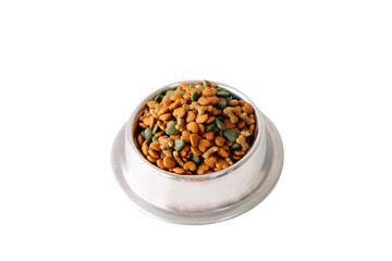 Dog food is cut on a white background.