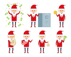 Obraz na płótnie Canvas Set of Santa Claus characters posing with money in different situations. Cheerful Santa holding piggy bank, money, coin and showing other actions. Flat style vector illustration