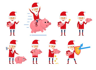Set of Santa Claus characters posing with piggy bank in different situations. Funny Santa riding giant piggy bank, saving money and showing other actions. Flat style vector illustration