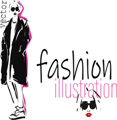 Sketch of young stylish woman in coat and sunglasses. Hand-drawn fashion illustration. Vector