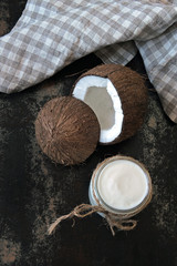 Fototapeta na wymiar Fresh homemade coconut yogurt. Keto diet. Vegan yogurt. Keto yoghurt.