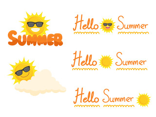 Naklejka premium Sun wearing eyes glasses collection icon sign set summer concept, Suns flat symbol, object on a white background, Vector illustration, cartoon vector in flat design.