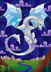 Illustration in stained glass style with light dragon on landscape and starry blue sky background