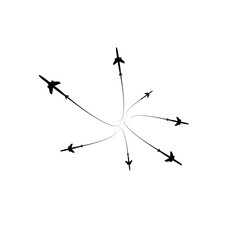 The planes flies on the line. Tourism and travel. The waypoint is intended for a tourist trip. and his track on a white background. Vector illustration
