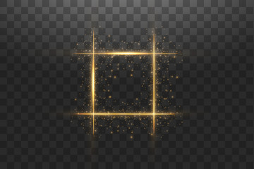 Golden frame with lights effects. Shining luxury banner vector illustration. Glow line golden frame with sparks and spotlight light effects. Shining square banner isolated on black transparent