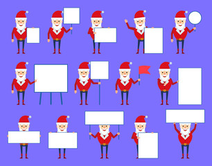 Set of Santa Claus characters posing with different blank signboards. Cheerful Santa holding banner, paper, poster, pointing to whiteboard. Flat style vector illustration