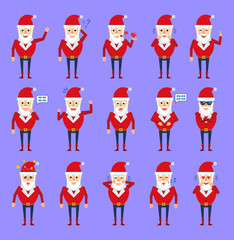Obraz na płótnie Canvas Set of Santa Claus characters showing different emotions. Cheerful Santa laughing, thinking, crying, tired, angry, dazed and showing other emotions. Flat style vector illustration