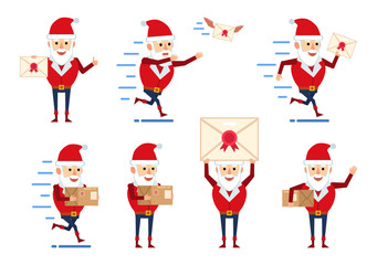 Set of Santa Claus characters posing with letter and parcel in different situations. Funny Santa holding letter, parcel box, running and showing other actions. Flat style vector illustration