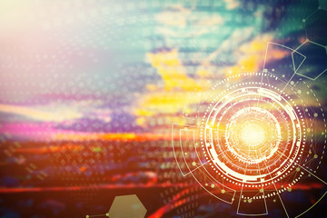 Technology background with modern icons, lines and connection dots with free space of blurred sunset sky background.