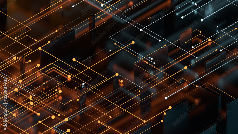 Poster 3d render abstract reflective background with particles that goes to center from the opposite side. 