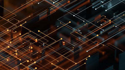 3d render abstract reflective background with particles that goes to center from the opposite side. Two side particle emission. Digital theme...