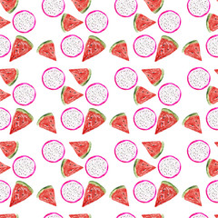 Seamless pattern ice cream and exotic fruit, watercolor cute illustration on a white background