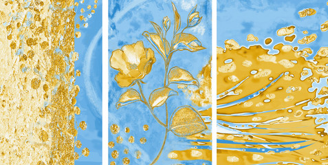 Collection of designer oil paintings. Decoration for the interior. Modern abstract art on canvas. Set of pictures with different textures and colors. Blue and gold. © Erenai