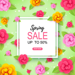 Colorful Spring / Summer sale Banner with flowers on green background. Up to 50% sale. Place for text