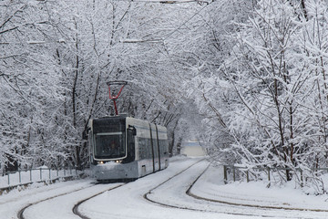 The tram in the snow
