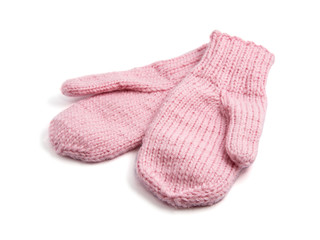 Pink mittens isolated on white background